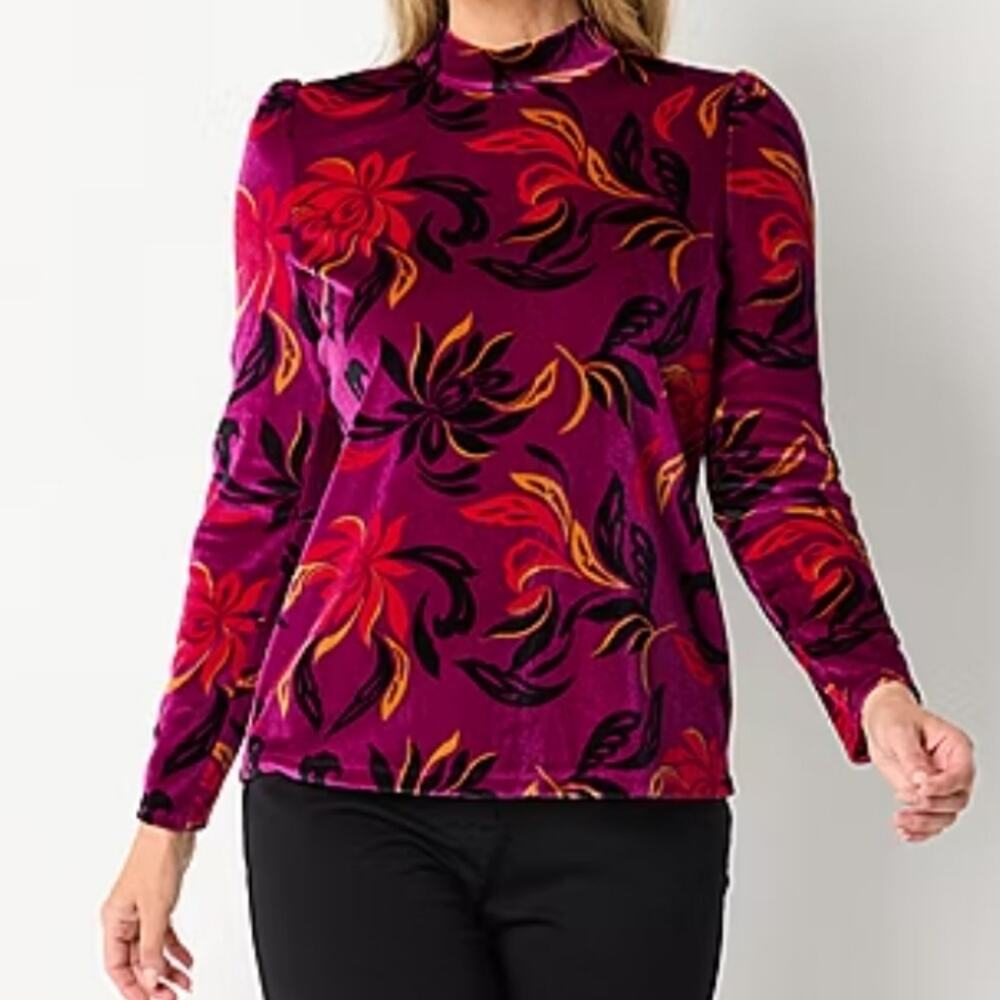 NEW purple velour mock neck with tropical flowers sz M
